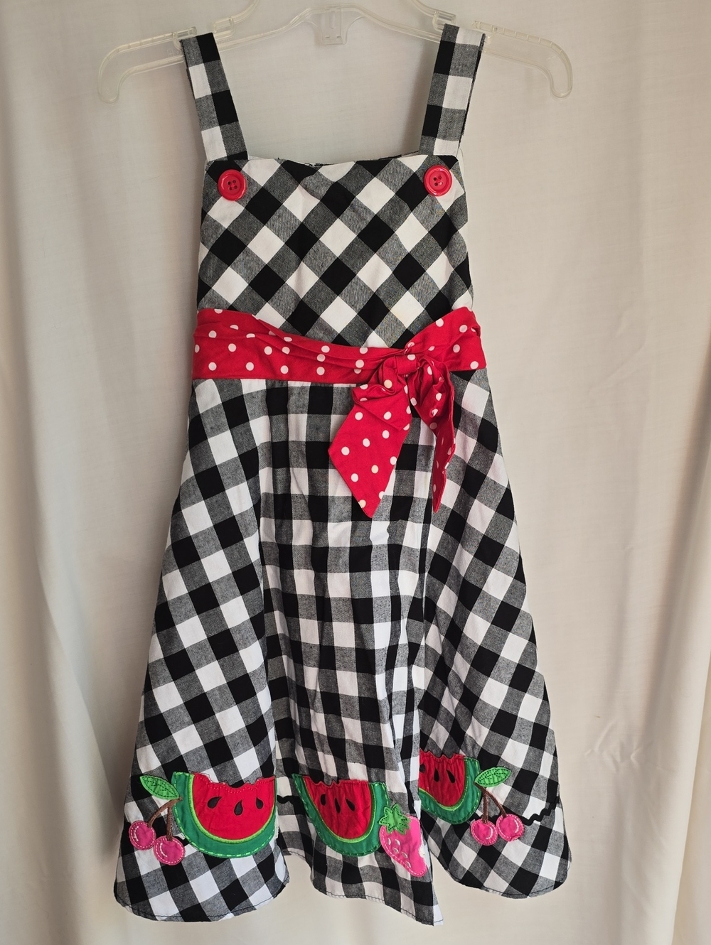 Black & White Gingham Kids Dress with Red Polka Dot Sash